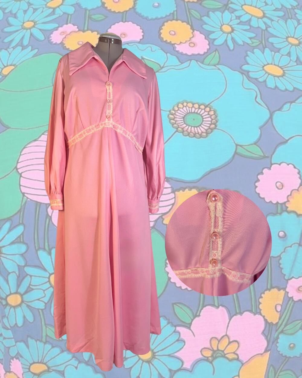 Volup Vintage 60s 70s Pink Lace Cottagecore Maxi Granny Bishop Sleeve Dress 1X